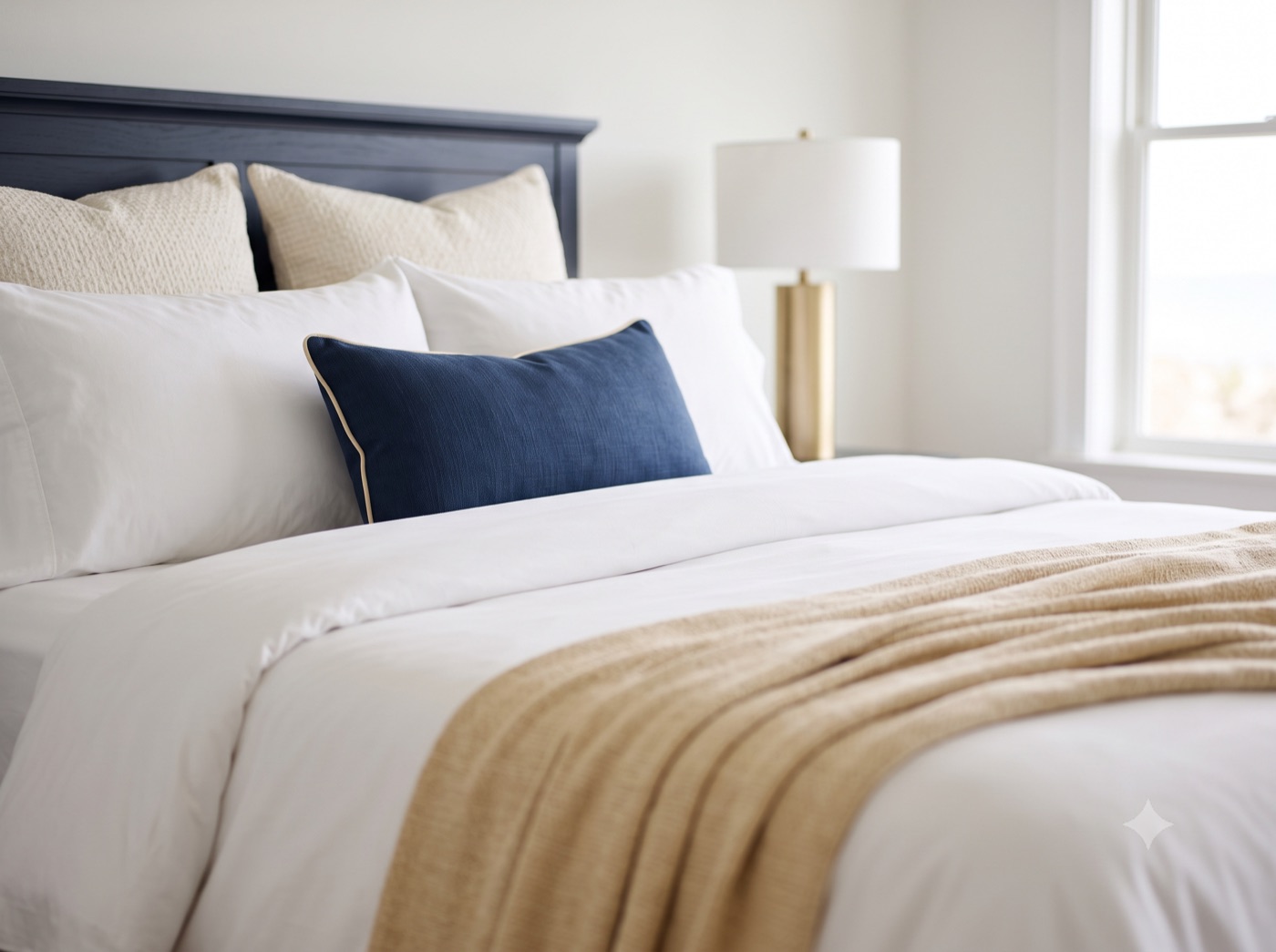 Freshly made bed with white linens, a navy accent pillow, and a warm cream throw