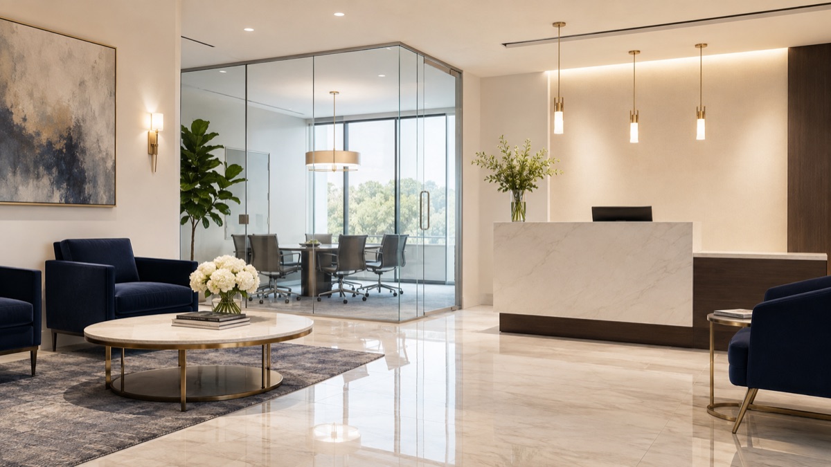 Polished professional lobby with navy seating and bright natural light