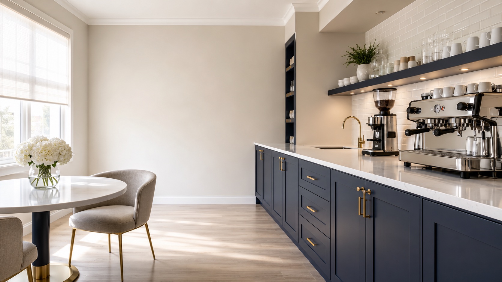 Polished professional break room with navy cabinetry and bright natural light