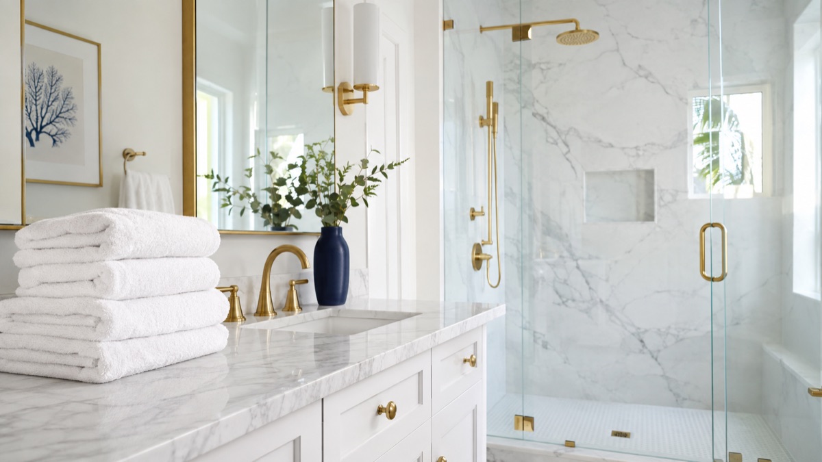 Fresh white bathroom with folded towels and polished marble surfaces