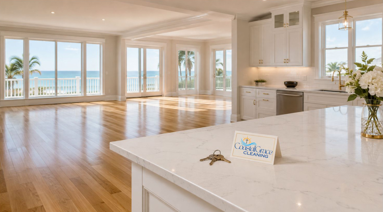 Bright, freshly cleaned coastal home with keys and a Coastal Grace Cleaning card on the kitchen island
