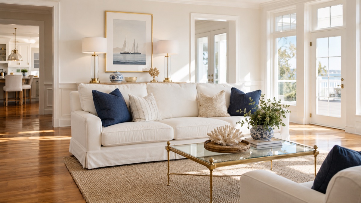 Bright, freshly cared-for coastal living room