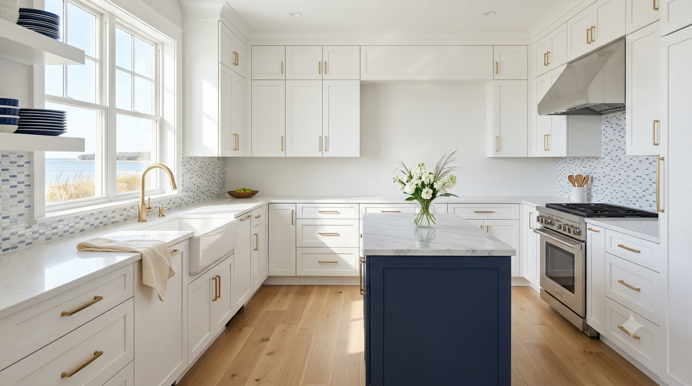 Bright, freshly cleaned white kitchen with navy island and coastal view