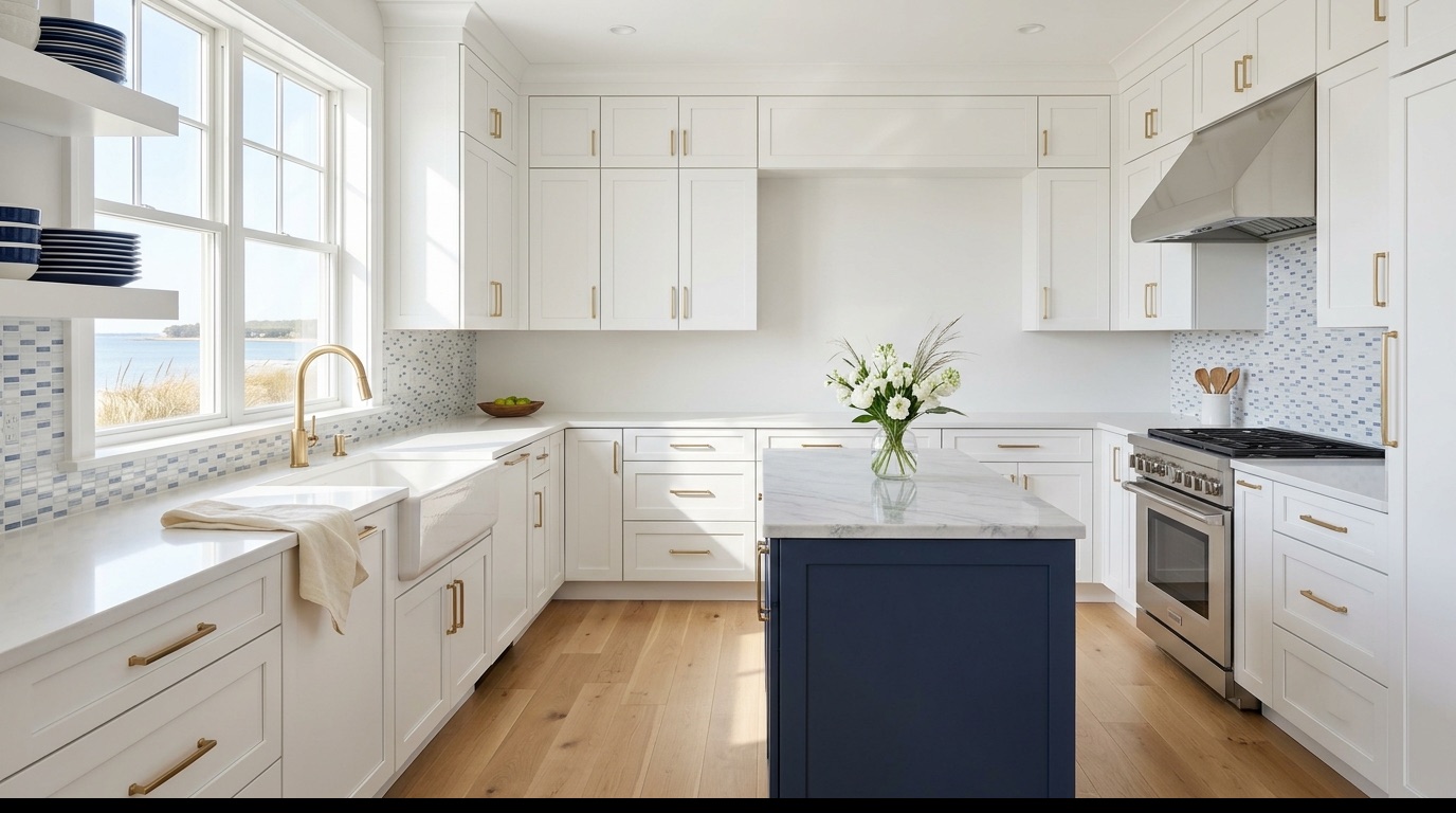 Bright coastal kitchen with white cabinetry, gold details, and a navy island