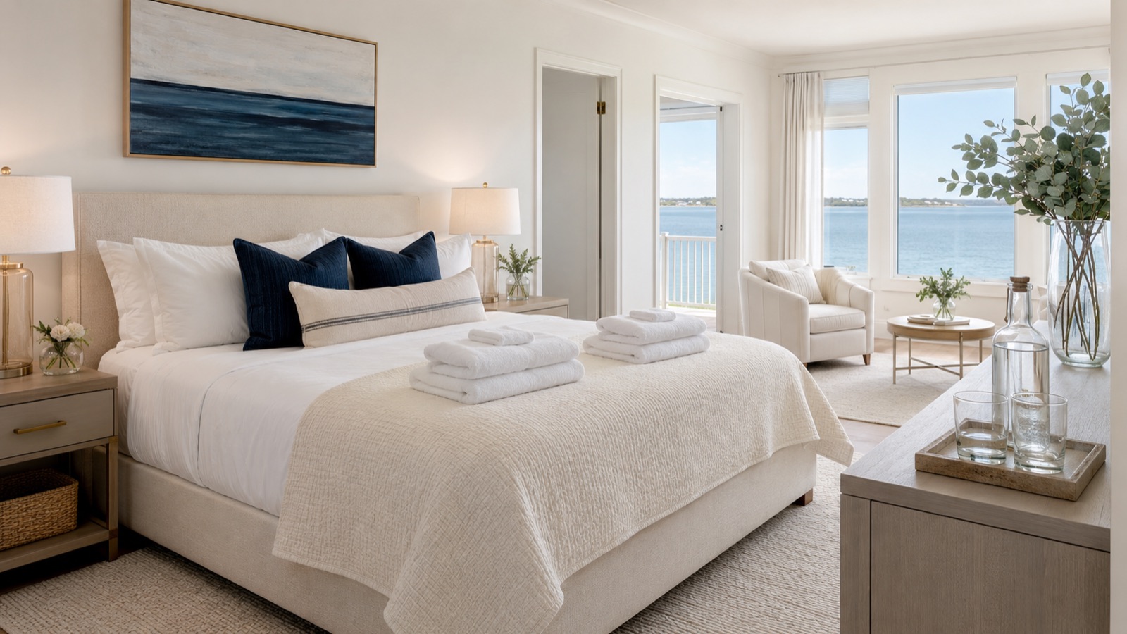 Bright coastal vacation-rental bedroom prepared with fresh linens, folded towels, and welcoming guest details
