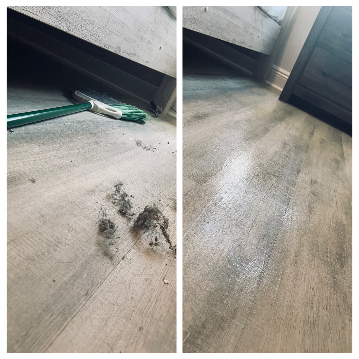 Before-and-after deep cleaning beneath bathroom cabinetry