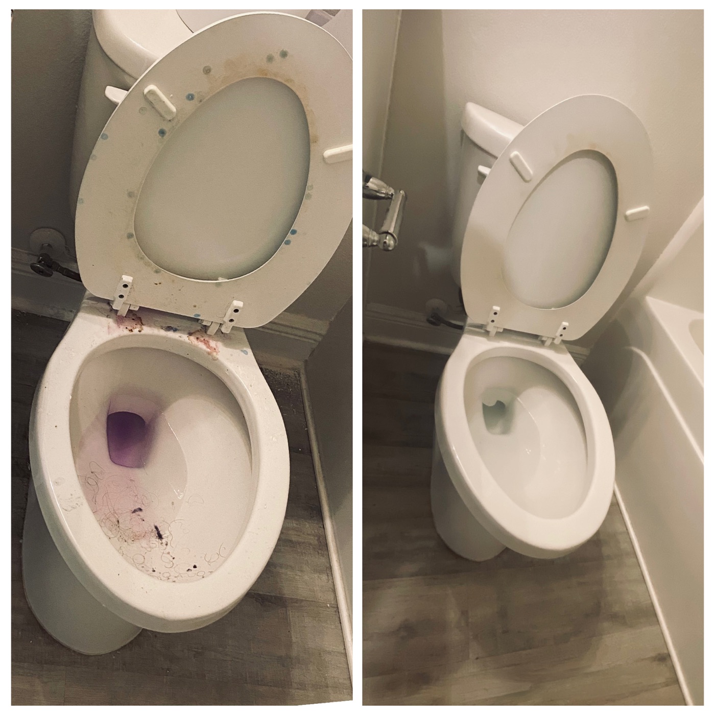 Before-and-after deep cleaning of a bathroom toilet