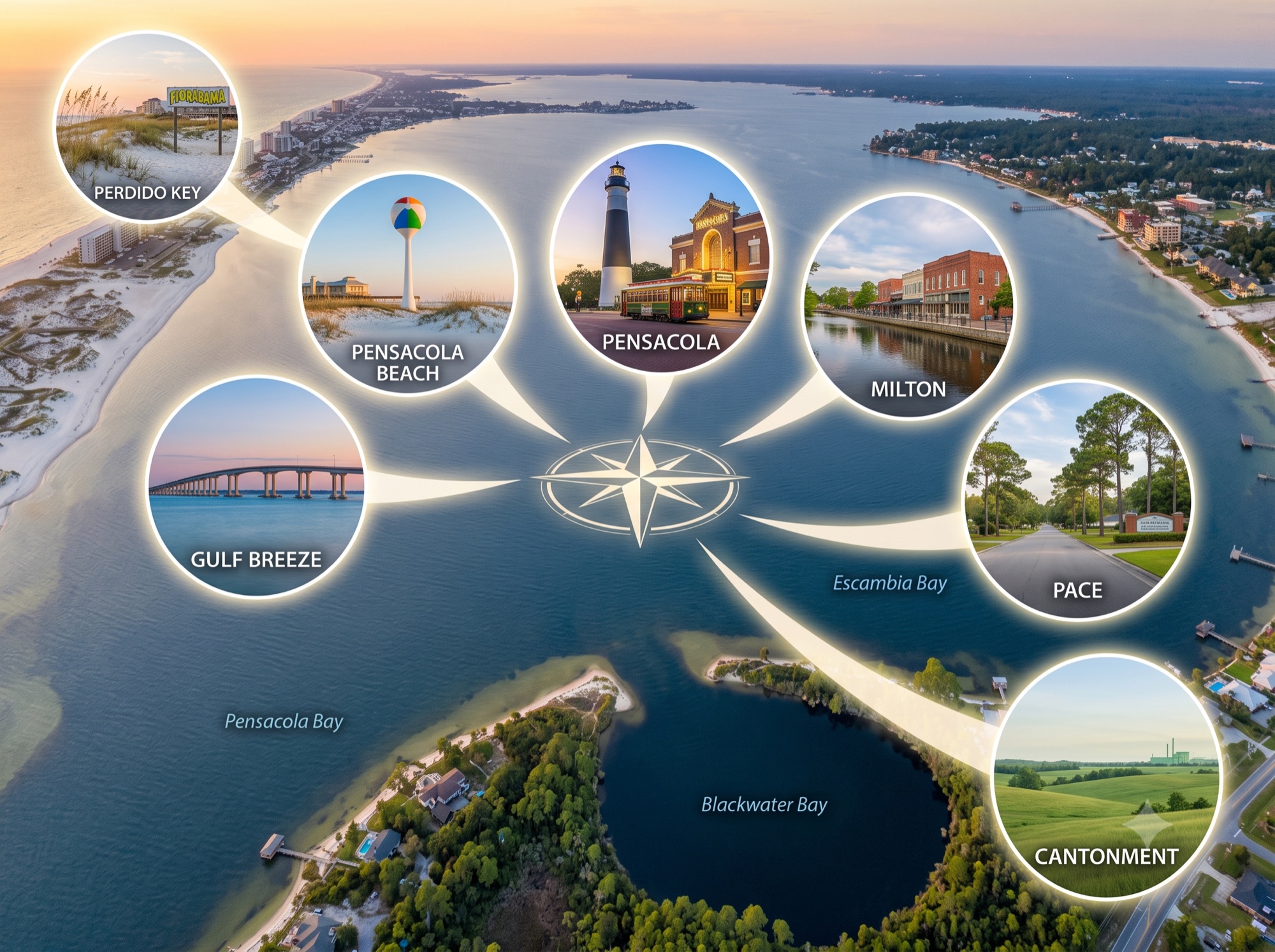 General illustrated overview of Pensacola, Pensacola Beach, Perdido Key, Gulf Breeze, Milton, Pace, and Cantonment